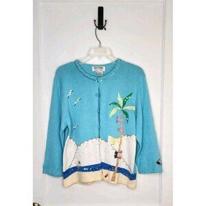 Jack B Quick Sz PL Cute Beach Cardigan Palm Tree Bikini Sequin Beaded